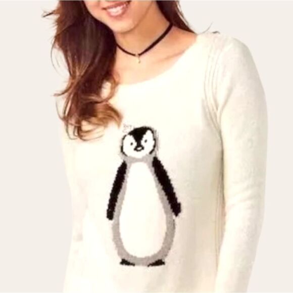 LC LAUREN CONRAD IVORY CREAM PENGUIN KNIT SWEATER DIAMOND RHINESTONE NOVELTY XS - Picture 3 of 15